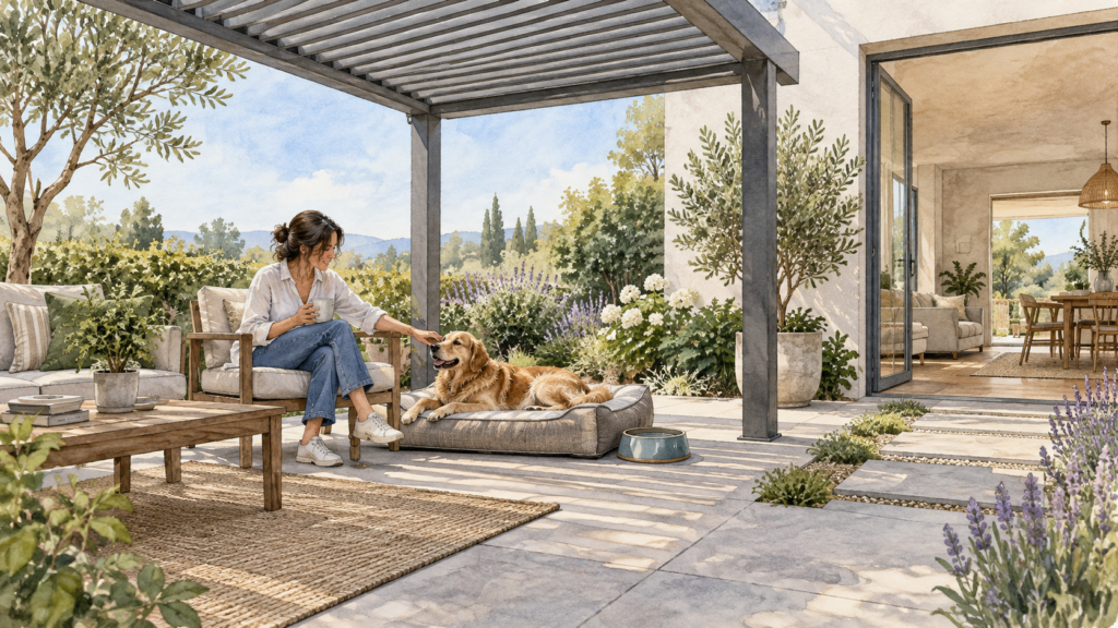 Attentive owner beside a dog resting under a generic louvered pergola. Concept visualization · Not a customer installation