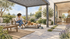 Attentive owner beside a dog resting under a generic louvered pergola. Concept visualization · Not a customer installation