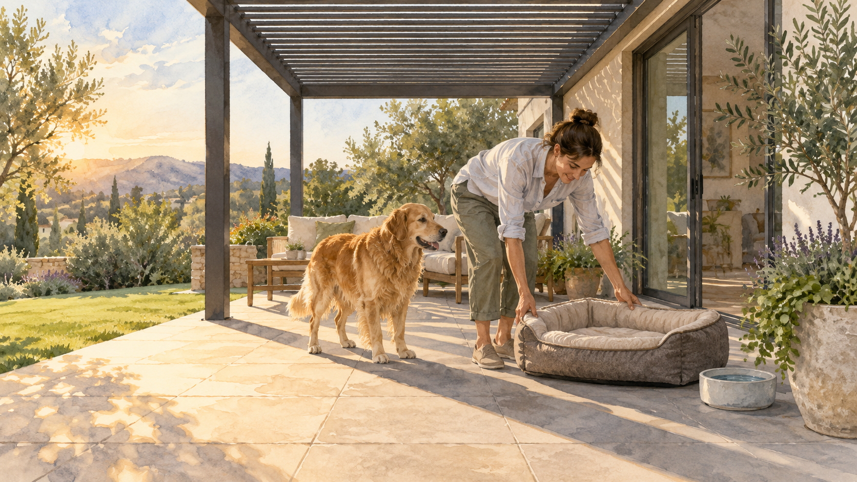 Owner moving an empty dog bed toward patio shade while the dog stays beside them. Concept visualization · Not a customer installation