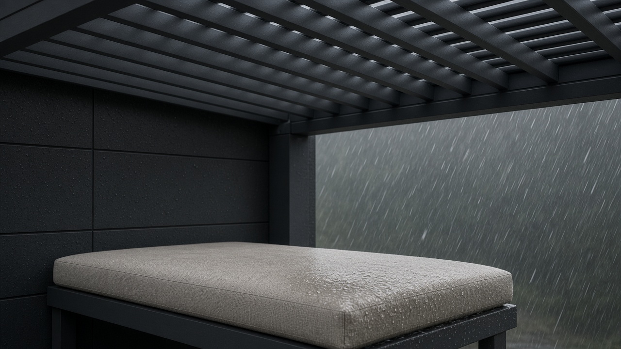 Rain blowing in from an open side onto a wet outdoor cushion. Concept visualization · Not a customer installation