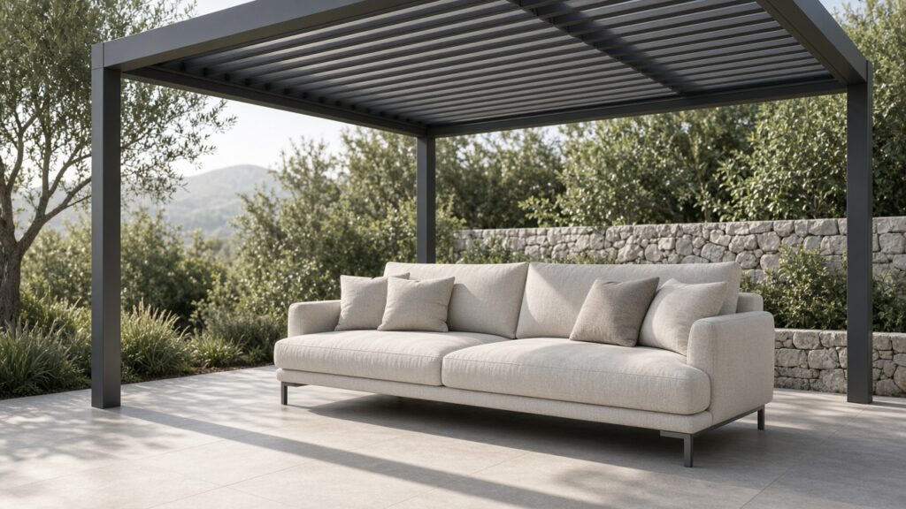 Cushions on a sofa under an open-sided louvered pergola. Concept visualization · Not a customer installation