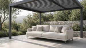 Cushions on a sofa under an open-sided louvered pergola. Concept visualization · Not a customer installation