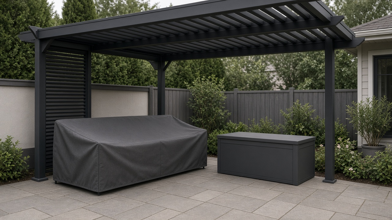A covered sofa and a closed deck box under a louvered pergola. Concept visualization · Not a customer installation