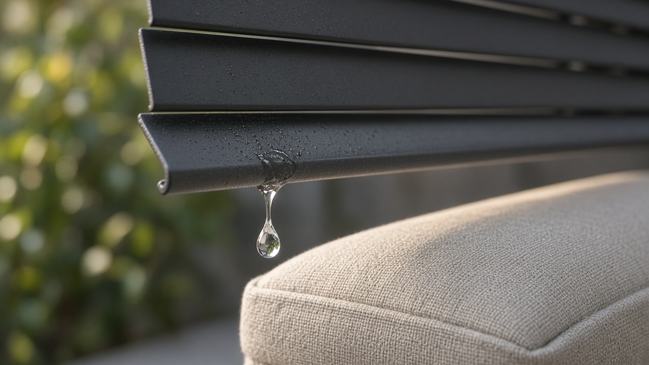 A water drop hanging from a louver edge above a cushion. Concept visualization · Not a customer installation