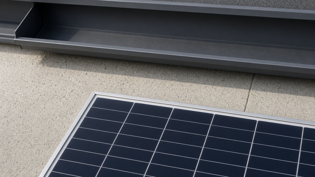 A solar panel on the patio beside an open empty aluminum gutter. Concept visualization · Not a customer installation