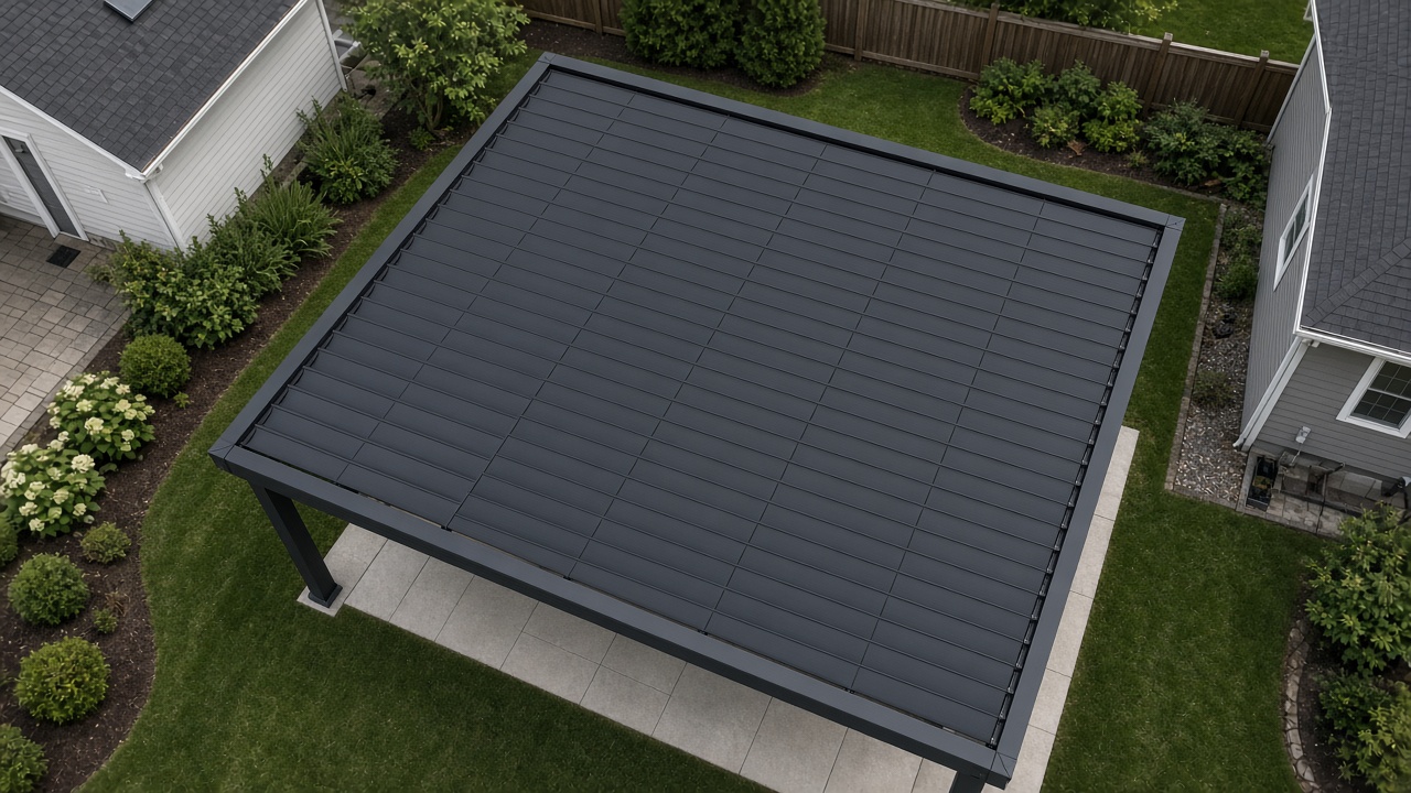 Overhead view of a closed louver roof with no solar panels. Concept visualization · Not a customer installation