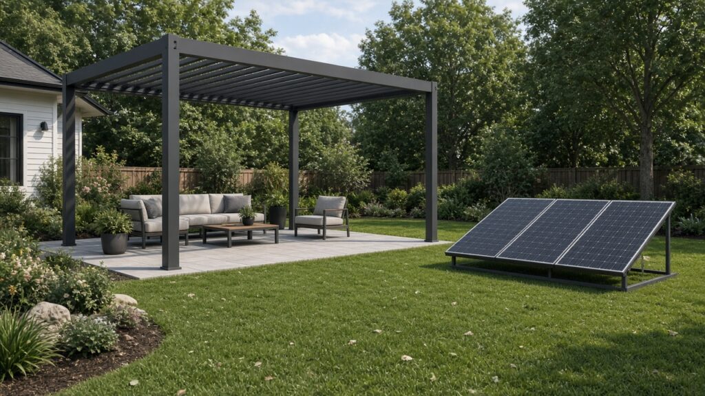 Ground rack of solar panels on the lawn beside an open louvered pergola. Concept visualization · Not a customer installation