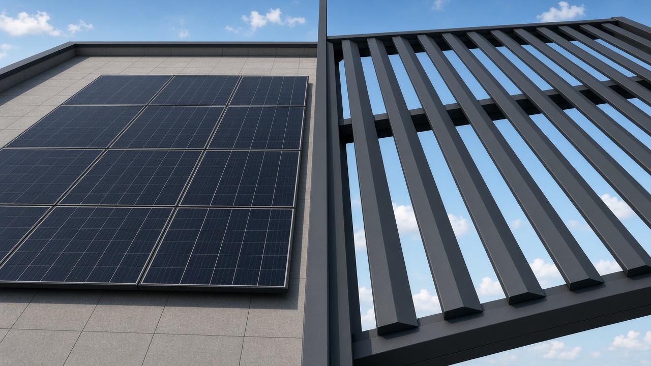 Solar panels on a solid patio roof beside open aluminum louvers. Concept visualization · Not a customer installation