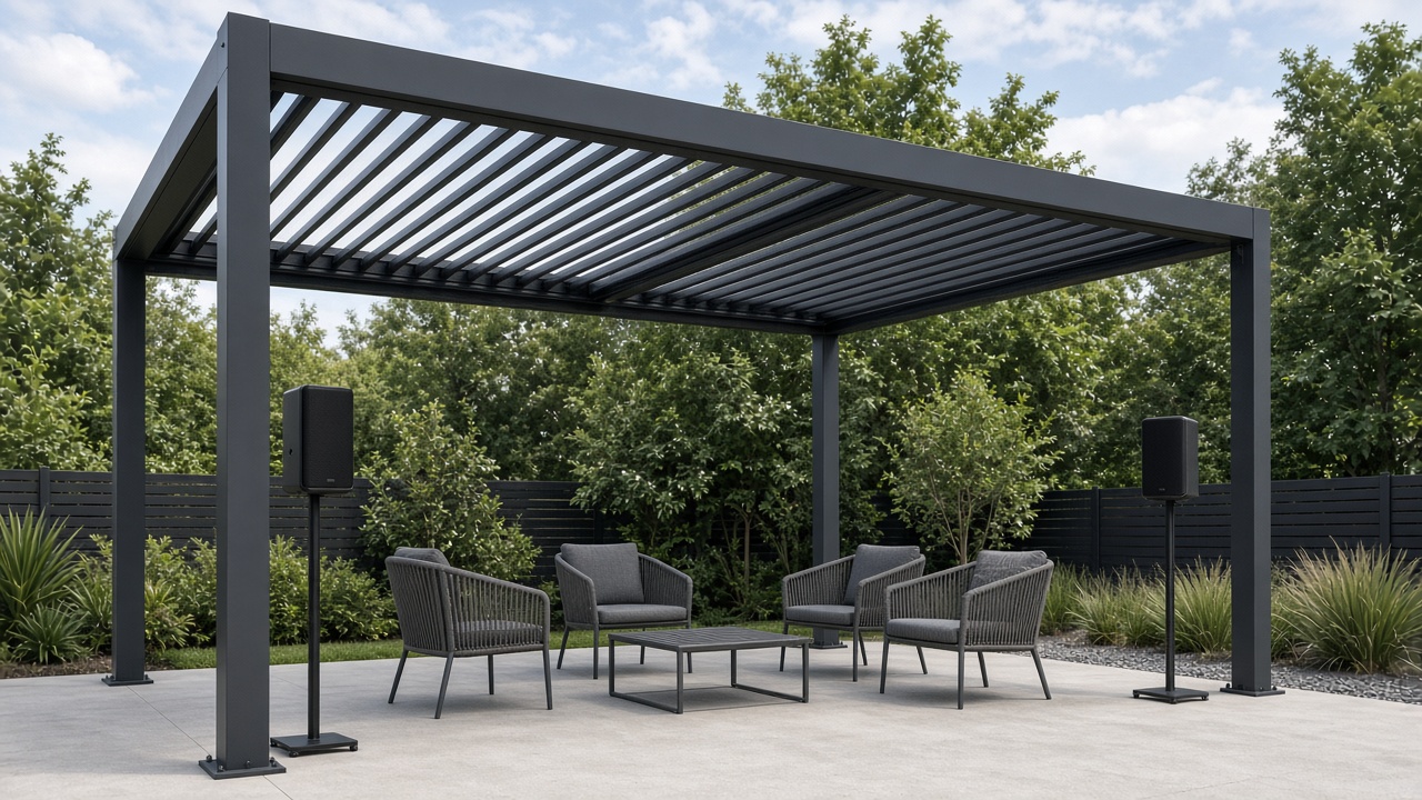 Louvered pergola with outdoor speakers on stands beside the posts. Concept visualization · Not a customer installation