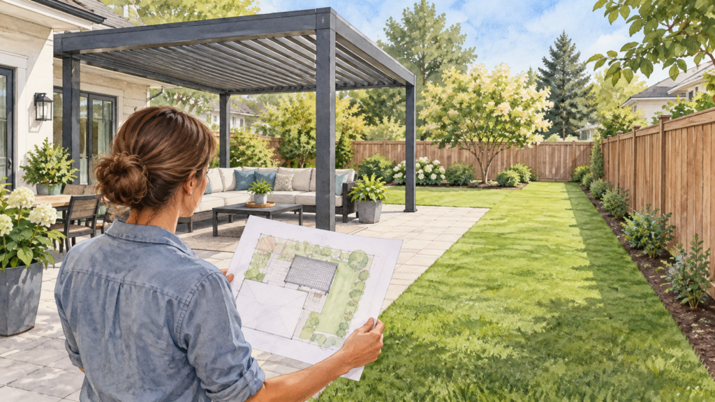 Homeowner reviewing a pergola layout beside an open garden strip. Concept visualization · Not a customer installation