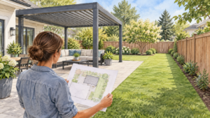 Homeowner reviewing a pergola layout beside an open garden strip. Concept visualization · Not a customer installation