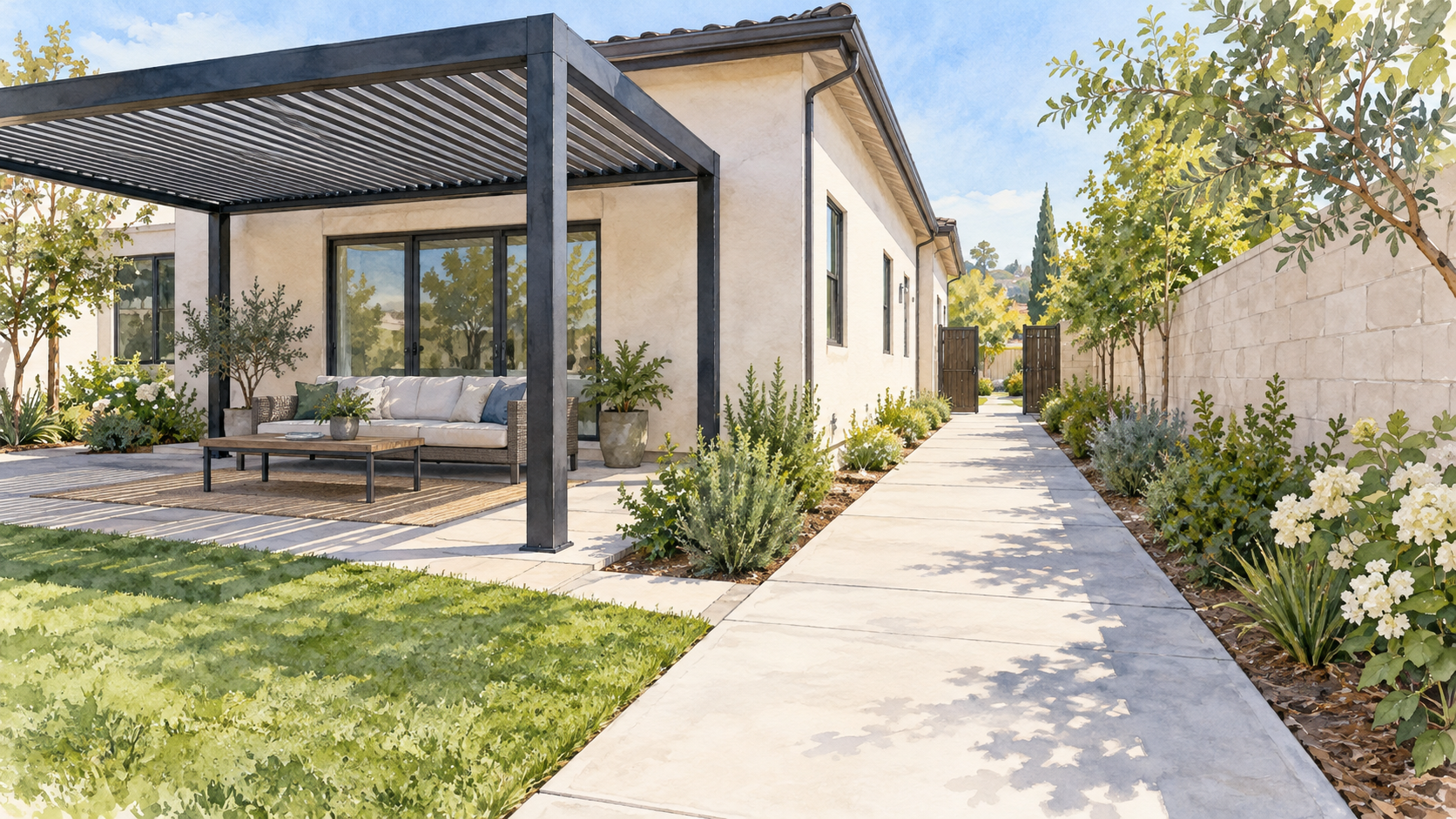 Clear side-yard corridor beside a separate generic pergola patio. Concept visualization · Not a customer installation