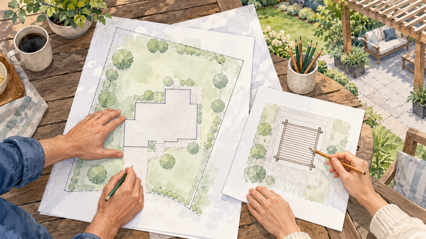 Property layout and separate pergola footprint drawings on a table