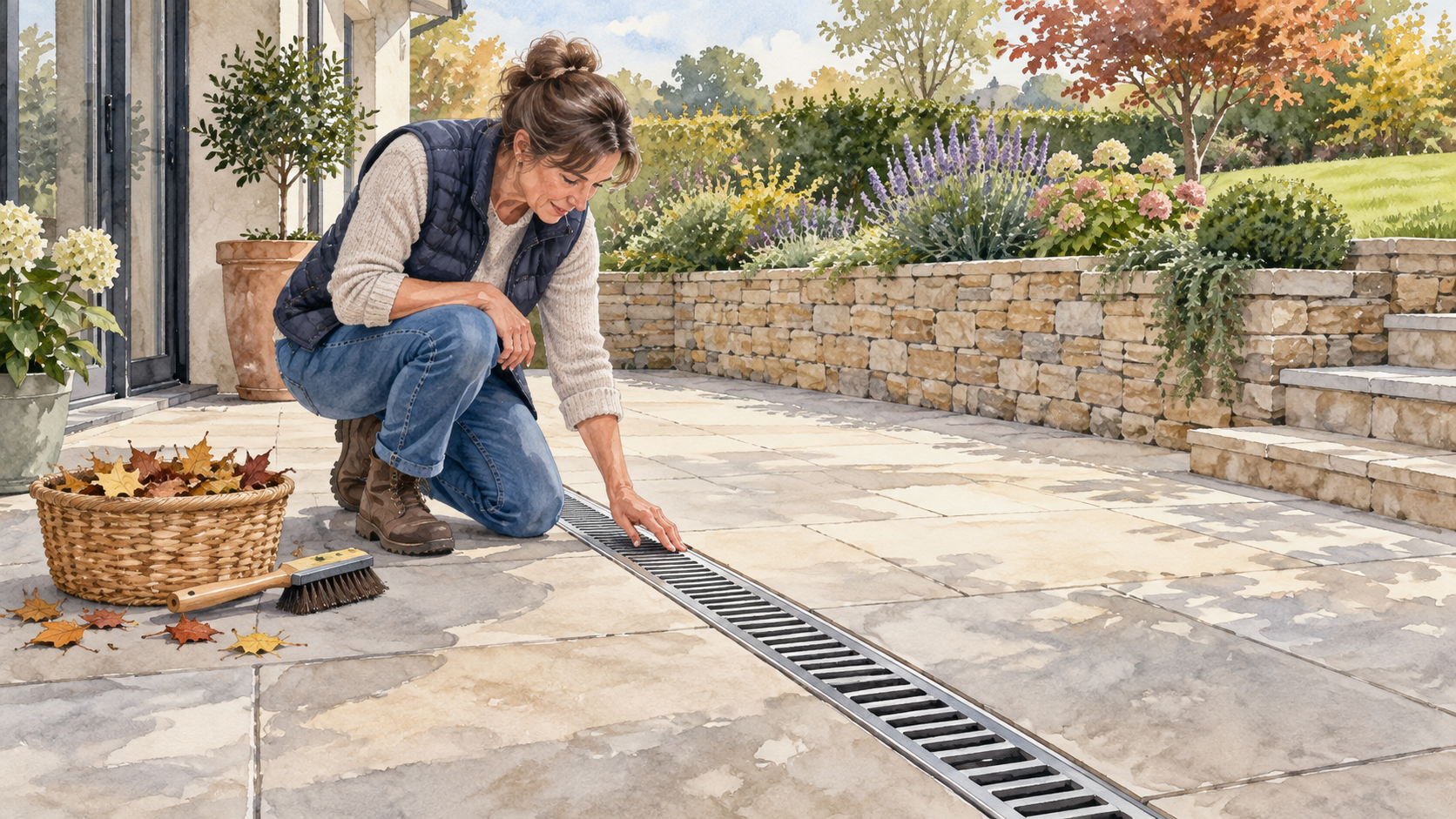 Homeowner checking an accessible patio surface drain beside a separate retaining wall. Concept visualization · Not a customer installation