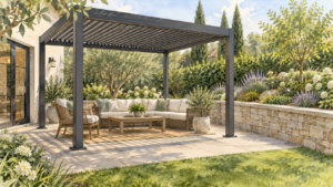 Generic freestanding louvered pergola on a patio beside a separate garden retaining wall. Concept visualization · Not a customer installation