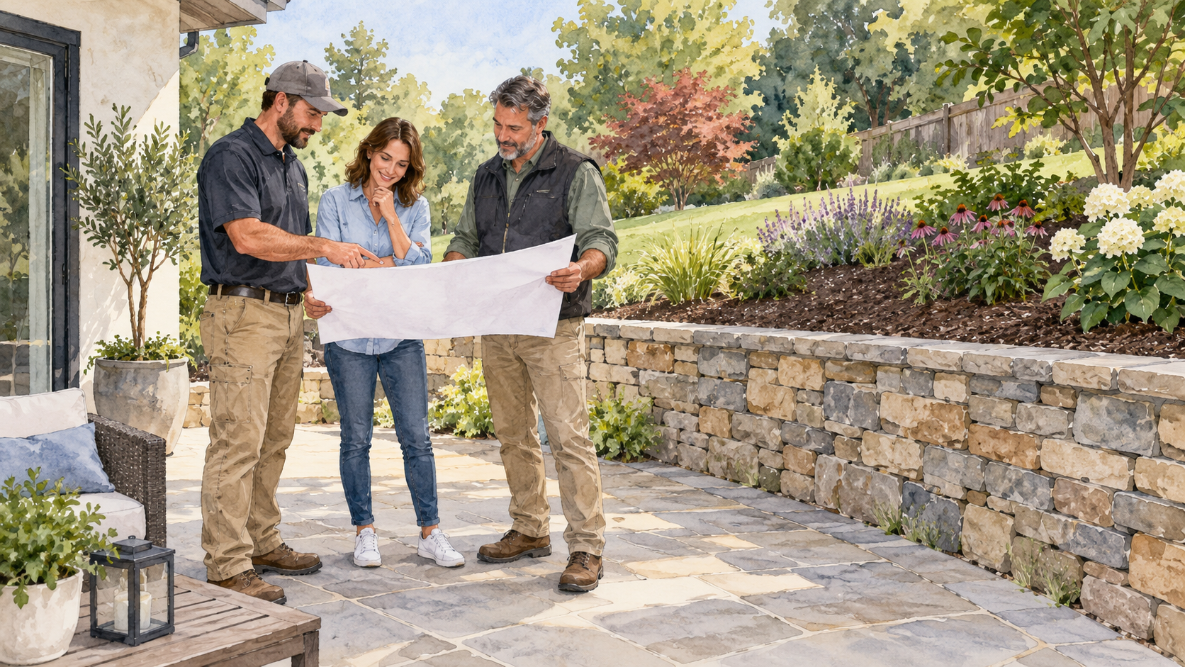 Homeowner and site professionals reviewing a blank plan beside a garden retaining wall. Concept visualization · Not a customer installation