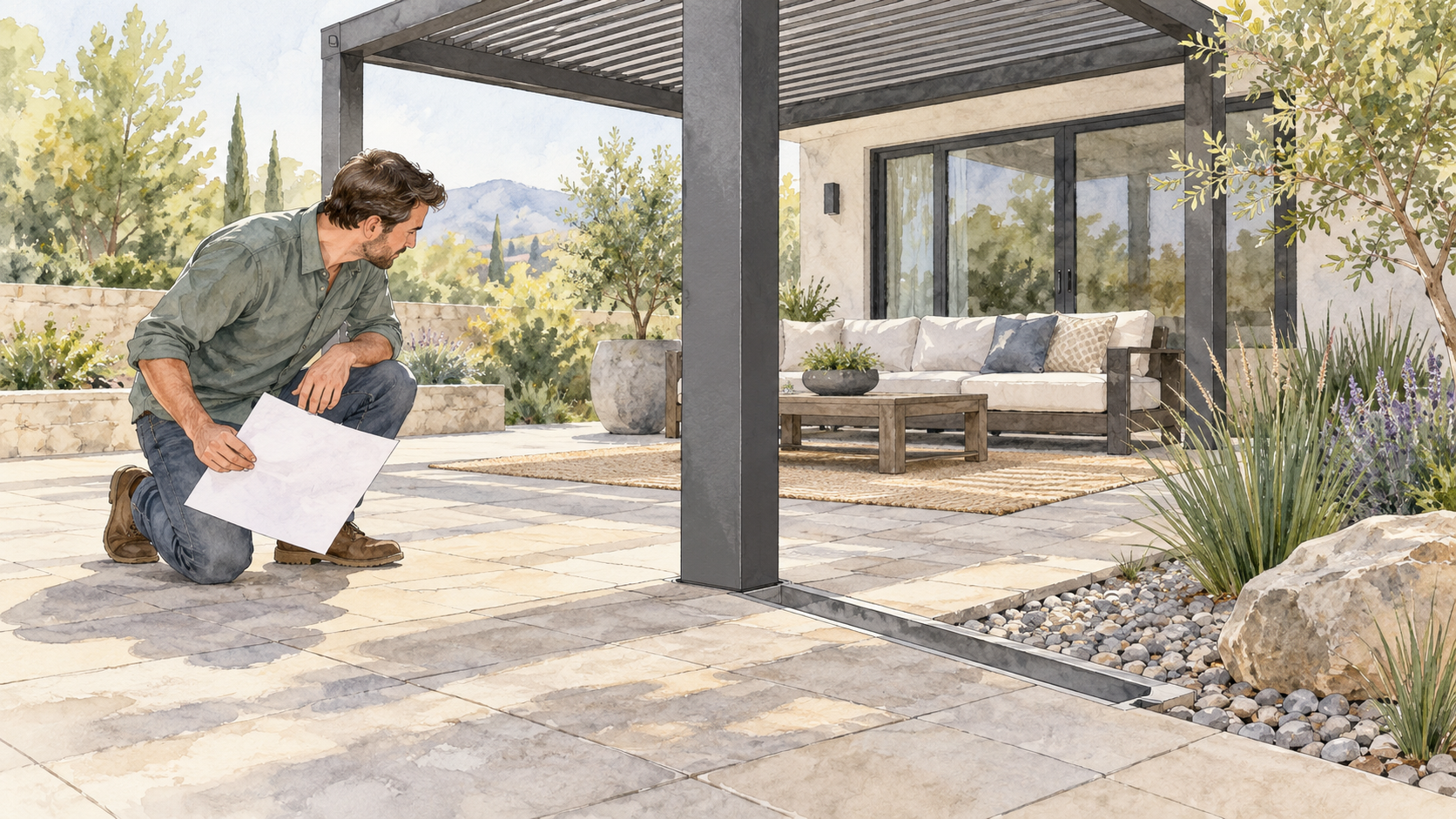 Homeowner checking paving drainage beside a generic aluminum pergola post. Concept visualization · Not a customer installation