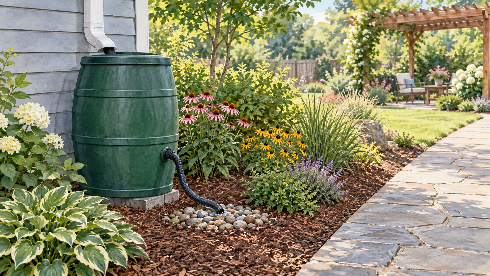 Closed rain barrel at a house downpipe with overflow ending in a separate gravel bed. Concept visualization · Not a customer installation