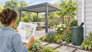 Homeowner planning a pergola beside a separate house-fed garden rain barrel. Concept visualization · Not a customer installation