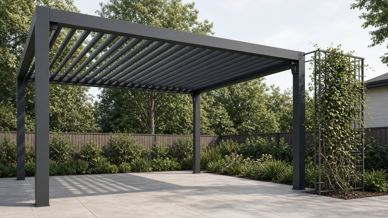Louvered pergola with a vine on a separate trellis beside a post. Concept visualization · Not a customer installation