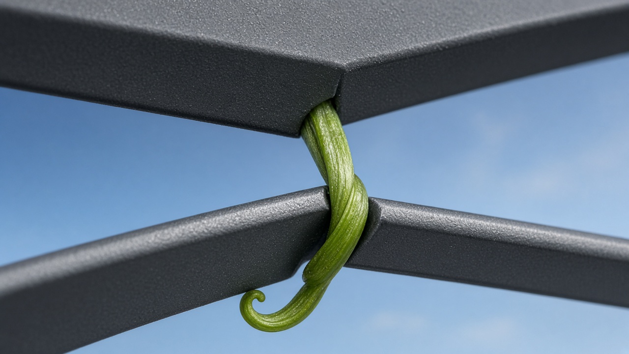 Vine tendril wrapped around an aluminum louver. Concept visualization · Not a customer installation