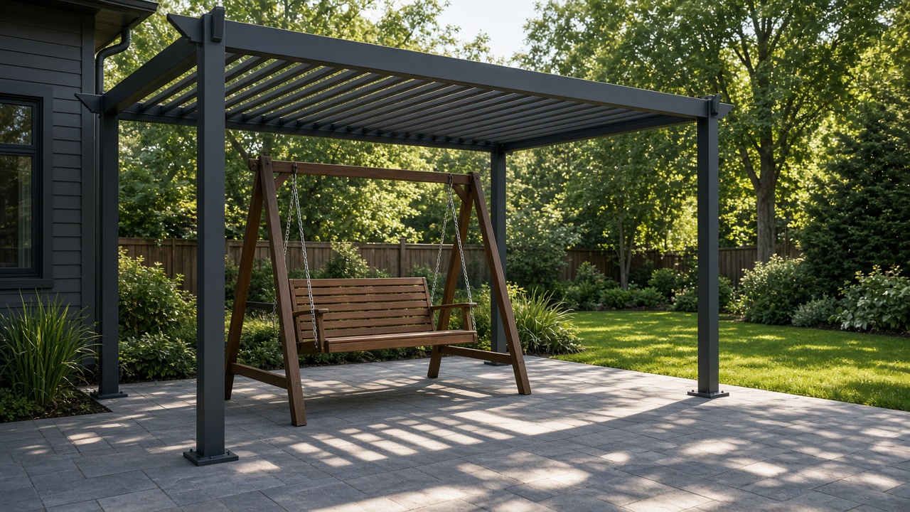 Louvered pergola with a wooden swing on its own frame underneath. Concept visualization · Not a customer installation