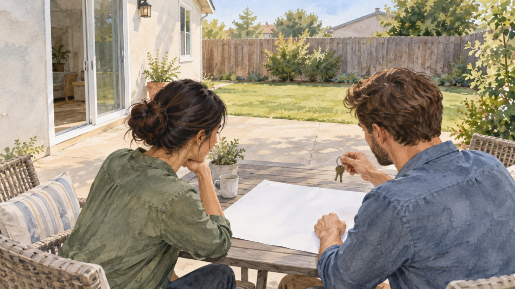 Two adults discussing a proposed patio addition at an unmodified rental home