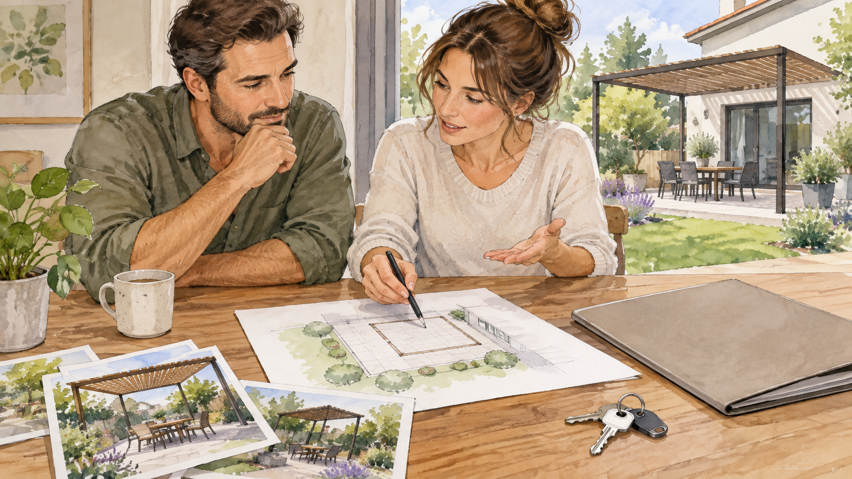 Two adults reviewing a conceptual patio footprint with photographs, a document folder and house keys