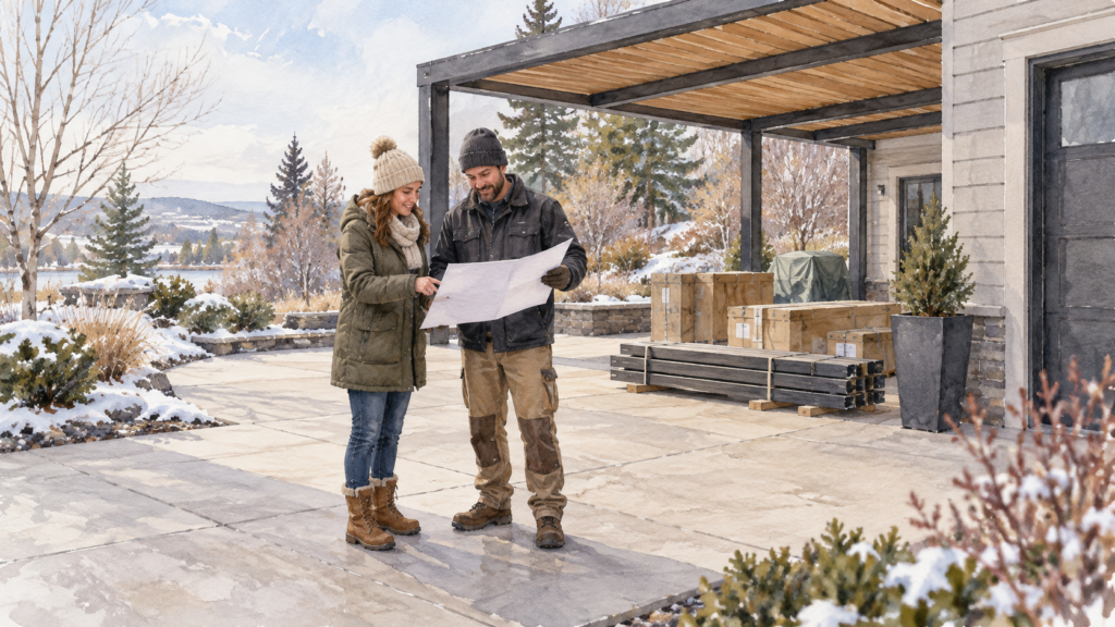 Homeowner and installer reviewing a plan beside a clear patio in winter. Concept visualization · Not a customer installation