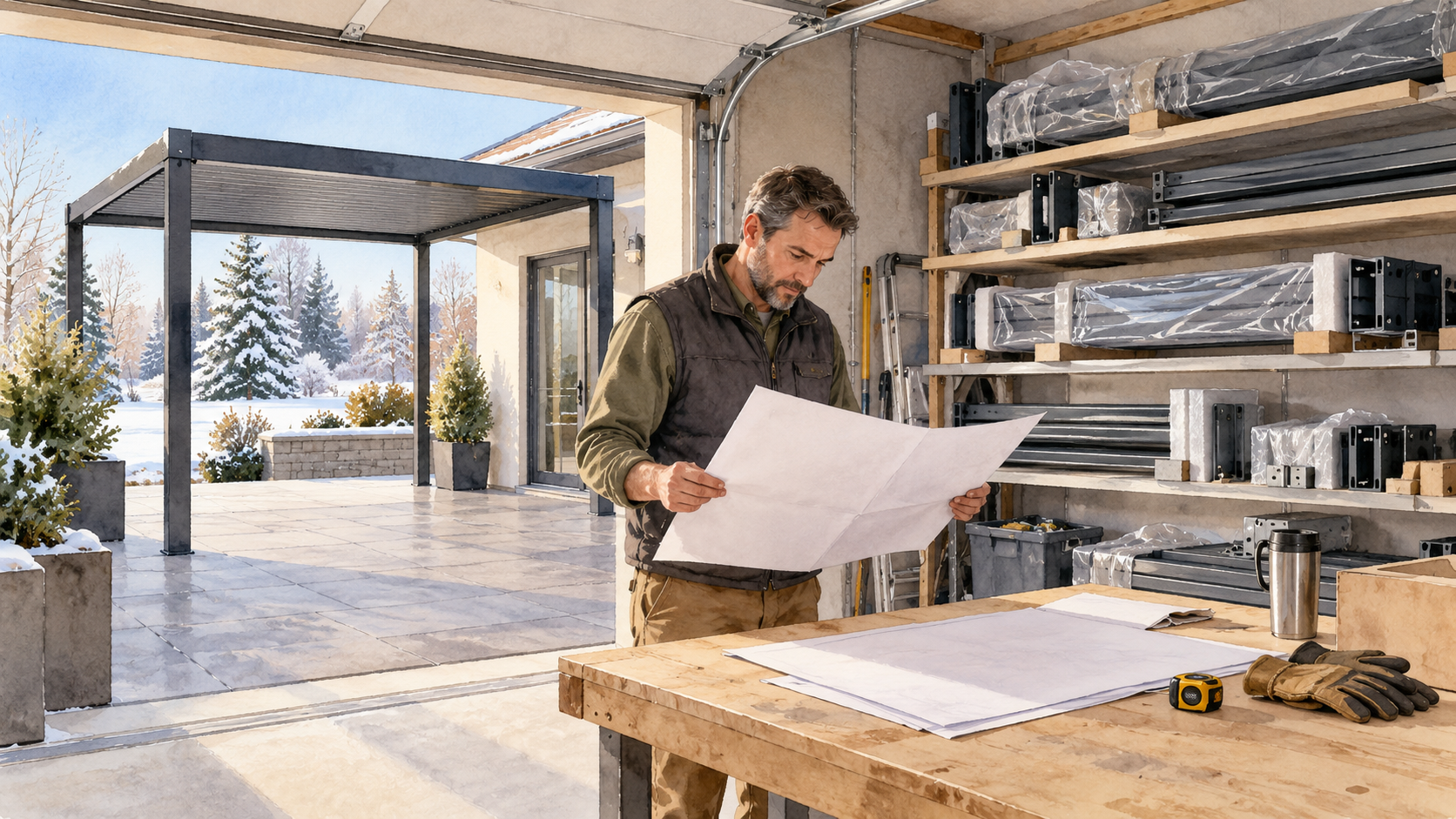 Installer reviewing blank plans beside wrapped generic components inside a garage. Concept visualization · Not a customer installation