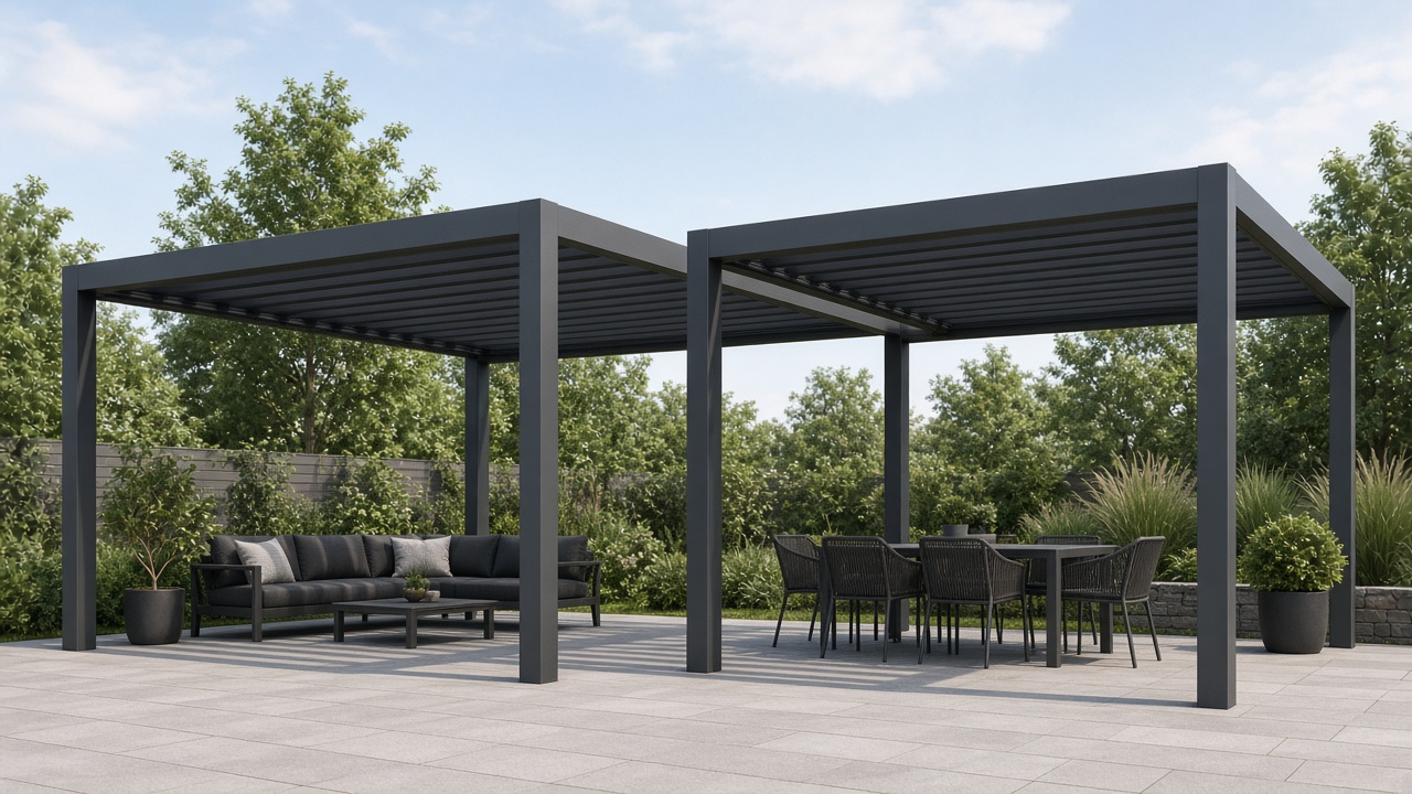 Two louvered pergolas side by side with a narrow gap between the beams. Concept visualization · Not a customer installation