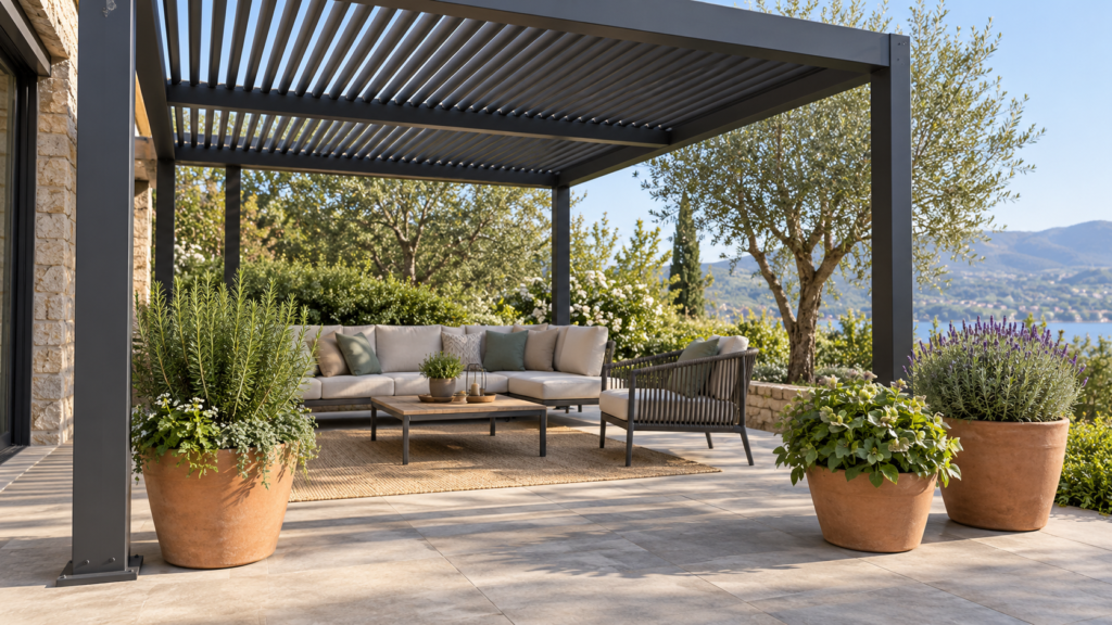 Freestanding potted plants beside a generic louvered pergola seating area. Concept visualization · Not a customer installation