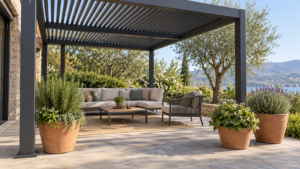 Freestanding potted plants beside a generic louvered pergola seating area. Concept visualization · Not a customer installation