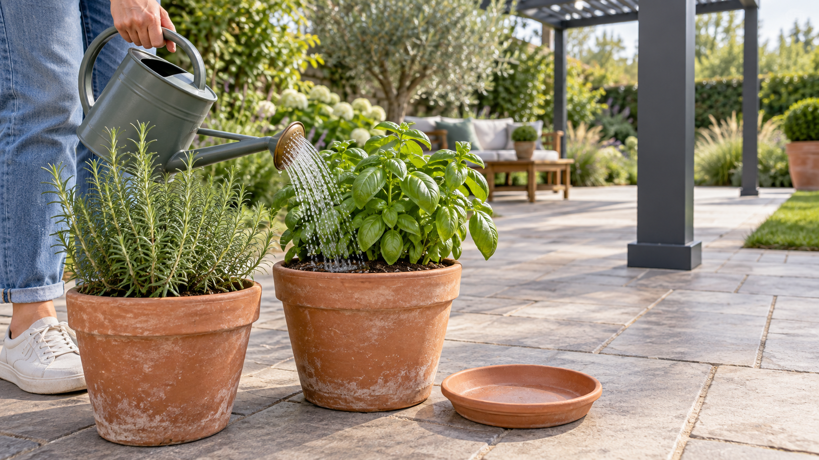 Freestanding patio herb pots being watered with a clear pergola post area behind them. Concept visualization · Not a customer installation