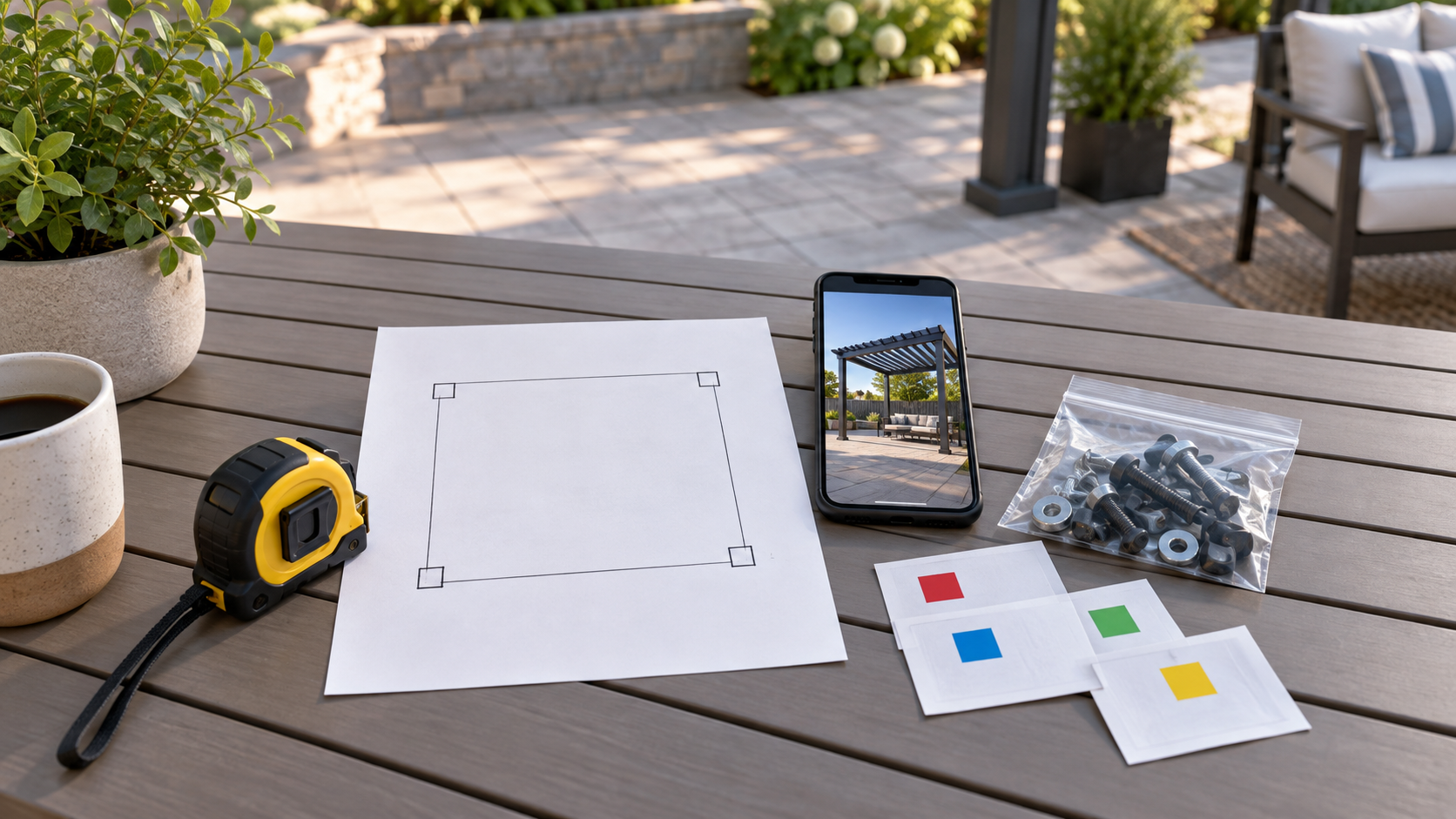 Site sketch, pergola photograph, tape measure, and sorted hardware on a patio table