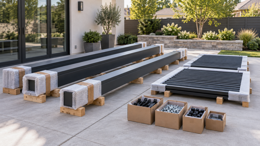 Wrapped generic aluminum pergola components and sorted hardware prepared for transport. Concept visualization · Not a customer installation