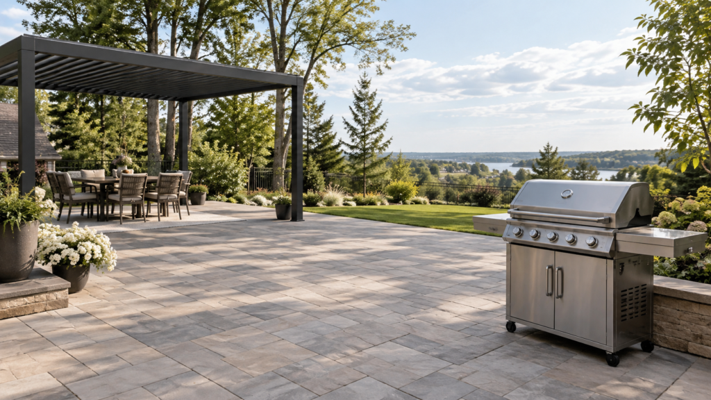 Freestanding grill outside a louvered pergola roof footprint. Concept visualization · Not a customer installation