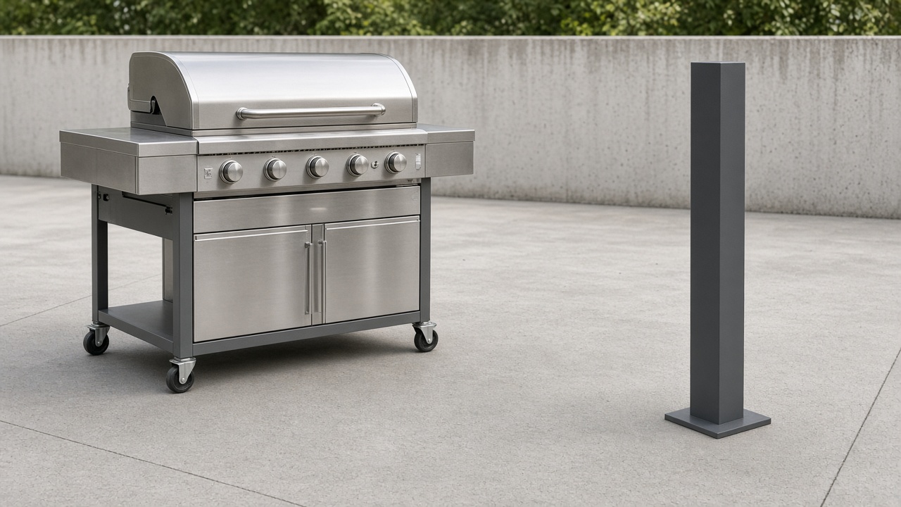 Gas grill on a concrete pad with open space between the cart and a square aluminum post. Concept visualization · Not a customer installation
