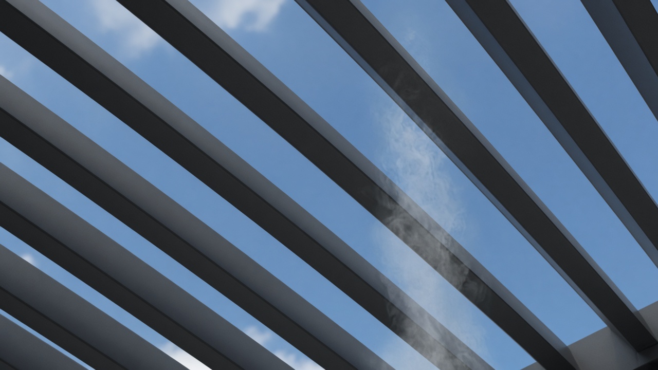 Smoke rising through tilted louvers. Concept visualization · Not a customer installation