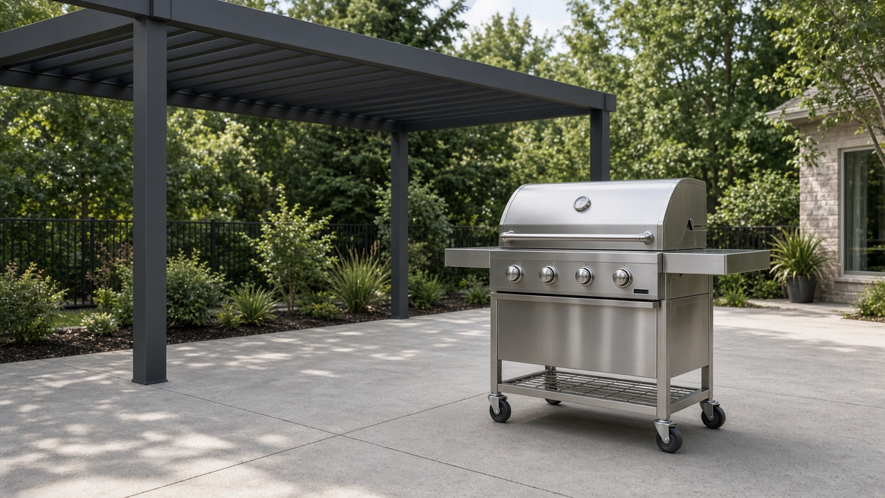 Freestanding gas grill on its own cart beside an intact aluminum pergola beam. Concept visualization · Not a customer installation