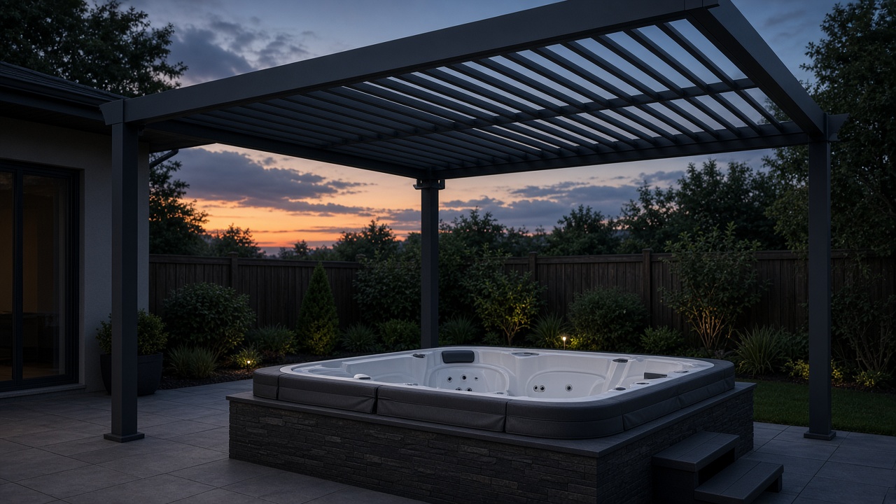 Empty hot tub under a louvered pergola. Concept visualization · Not a customer installation