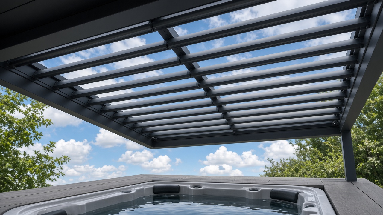 Open louvers above a covered hot tub with sky between the slats. Concept visualization · Not a customer installation