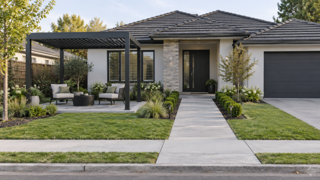 Front-yard pergola seating beside a clear route to the entrance. Concept visualization · Not a customer installation