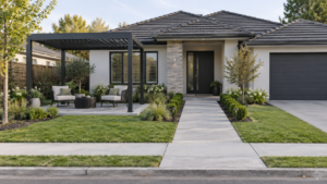 Front-yard pergola seating beside a clear route to the entrance. Concept visualization · Not a customer installation