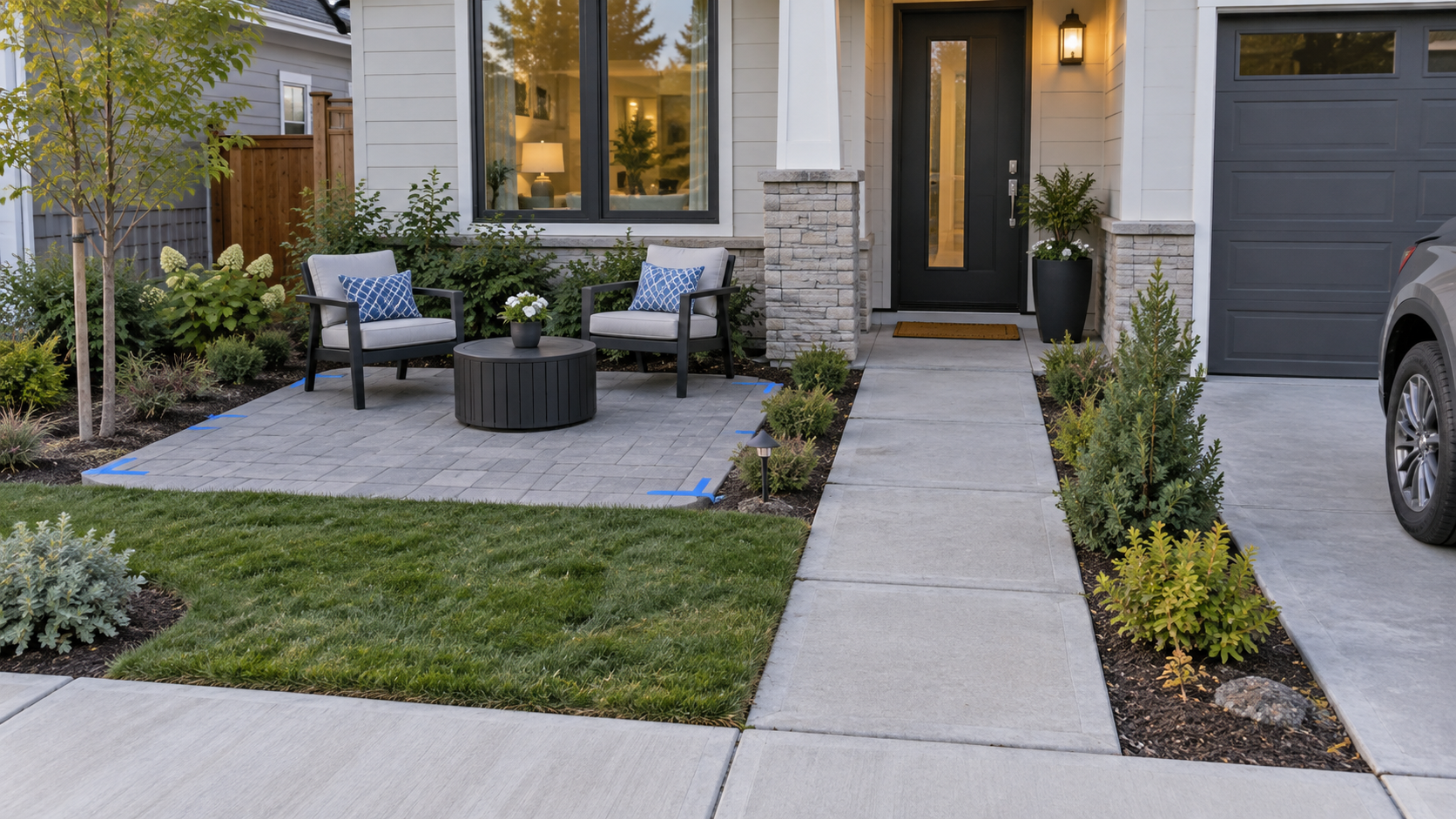 Front-yard seating footprint marked beside a clear entrance path and driveway