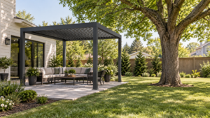 Generic freestanding louvered pergola beside a mature tree in a garden. Concept visualization · Not a customer installation