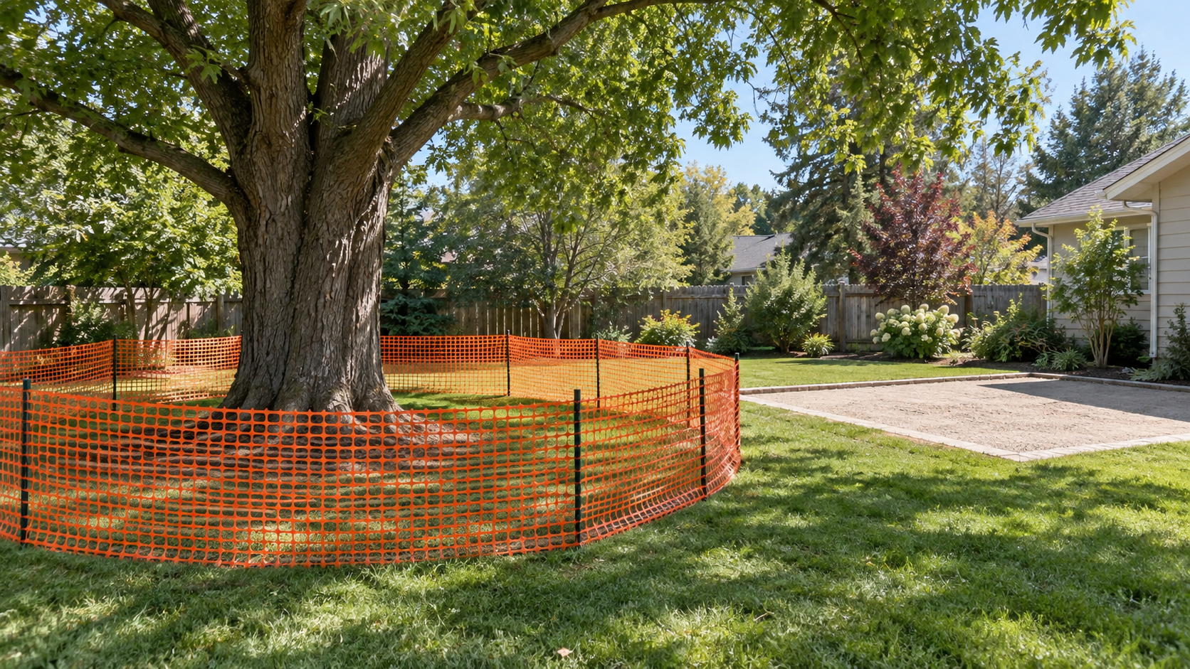 Temporary orange fencing around undisturbed soil beneath a mature tree