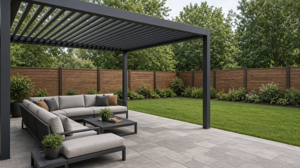 An outdoor sofa and low table beneath a louvered pergola, facing a fenced lawn. Concept visualization · Not a customer installation