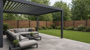 Louvered pergola set back from a wood fence with lawn between them. Concept visualization · Not a customer installation