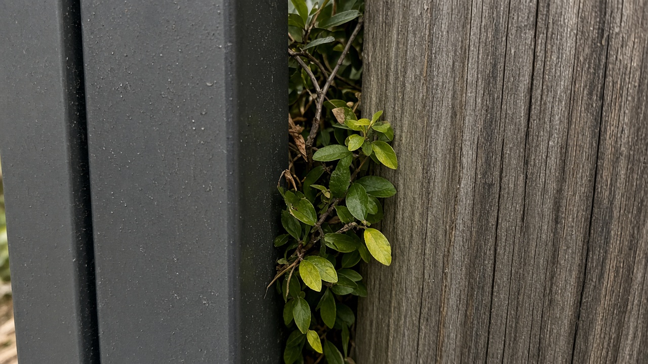 A shrub pinched between an aluminum post and a wood fence board. Concept visualization · Not a customer installation